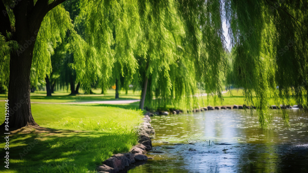 Fototapeta premium Weeping Willow Over a Tranquil Lake: Serene Summer Landscape