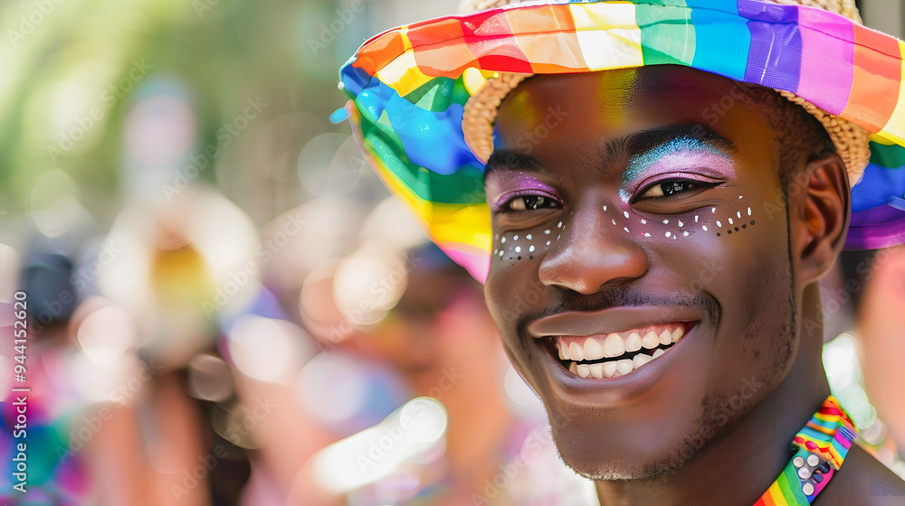 Gay black man smiling on camera at pride parade event - Homosexual love and LGBT concept - Models by AI generative Gay black man smiling on camera at pride parade event - Homosexual love and LGBT concept - Models by AI generative