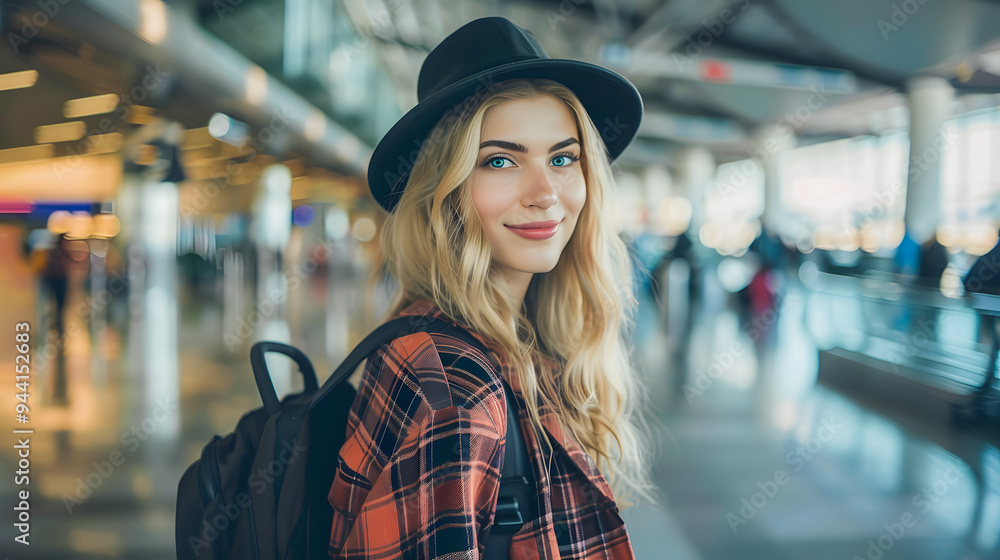 Young trendy woman traveling and smiling on camera with train station in background - Holiday and autumn concept - Model by AI generative Young trendy woman traveling and smiling on camera with train station in background - Holiday and autumn concept - Model by AI generative