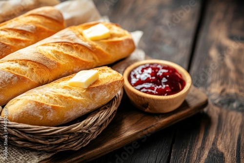 Luxury French baguette bread with butter and jam on a wooden table-gigapixel-hq-scale-6_00x
