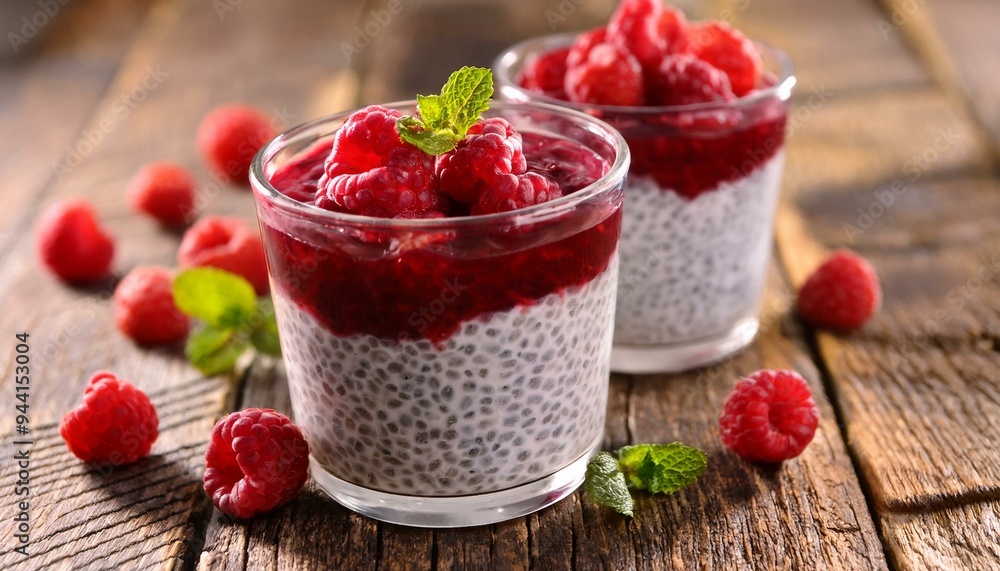 Delicious chia pudding with raspberries and mint Delicious chia pudding with raspberries and mint