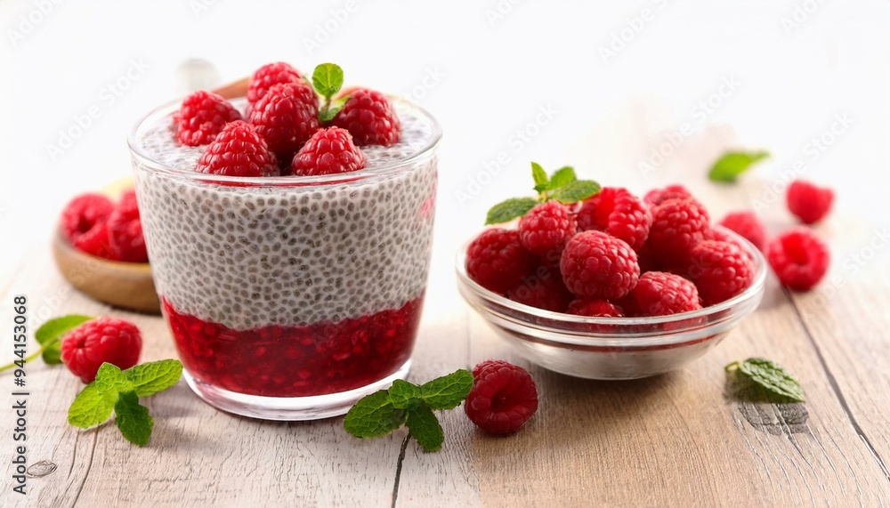 Delicious chia pudding with raspberries and mint Delicious chia pudding with raspberries and mint
