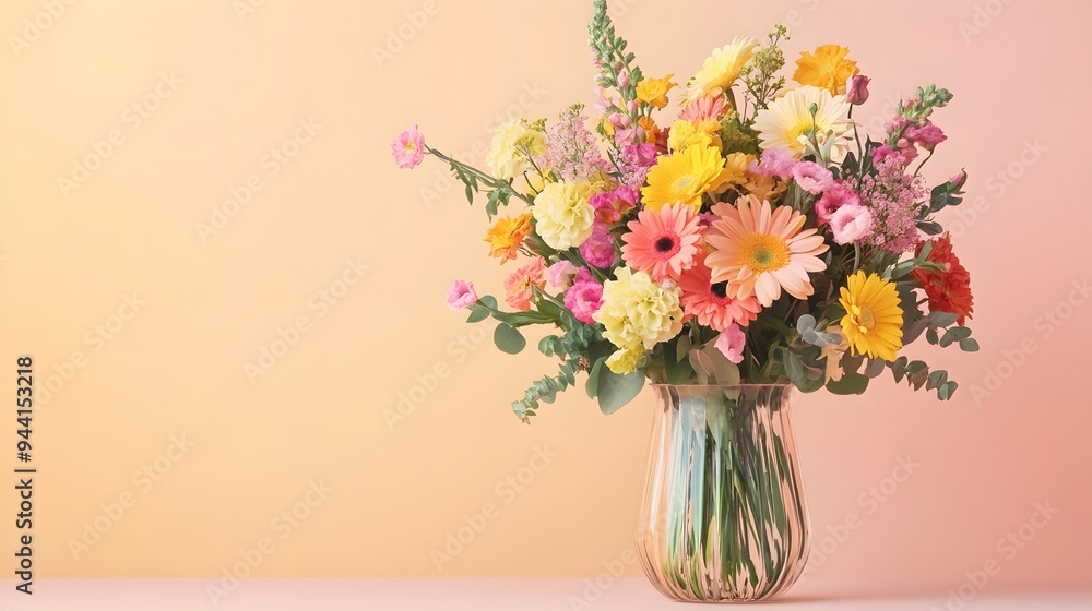A vibrant bouquet of mixed flowers arranged in a clear glass vase, set against a light pastel color background, showcasing delicate petals and lush greenery A vibrant bouquet of mixed flowers arranged in a clear glass vase, set against a light pastel color background, showcasing delicate petals and lush greenery
