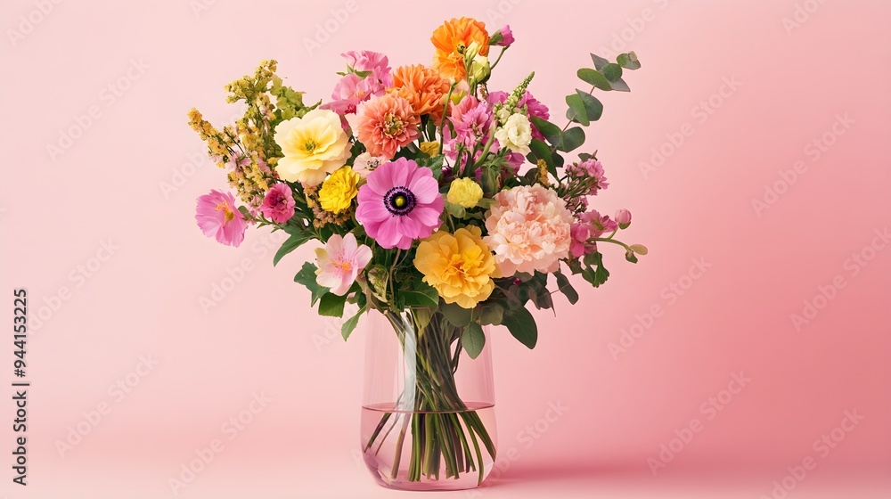 Fototapeta premium A vibrant bouquet of mixed flowers arranged in a clear glass vase, set against a light pastel color background, showcasing delicate petals and lush greenery