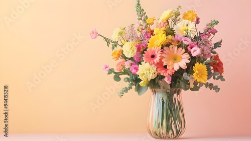 Wallpaper Mural A vibrant bouquet of mixed flowers arranged in a clear glass vase, set against a light pastel color background, showcasing delicate petals and lush greenery Torontodigital.ca