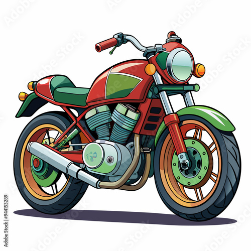 Cartoon Illustration of a Red and Green Motorcycle