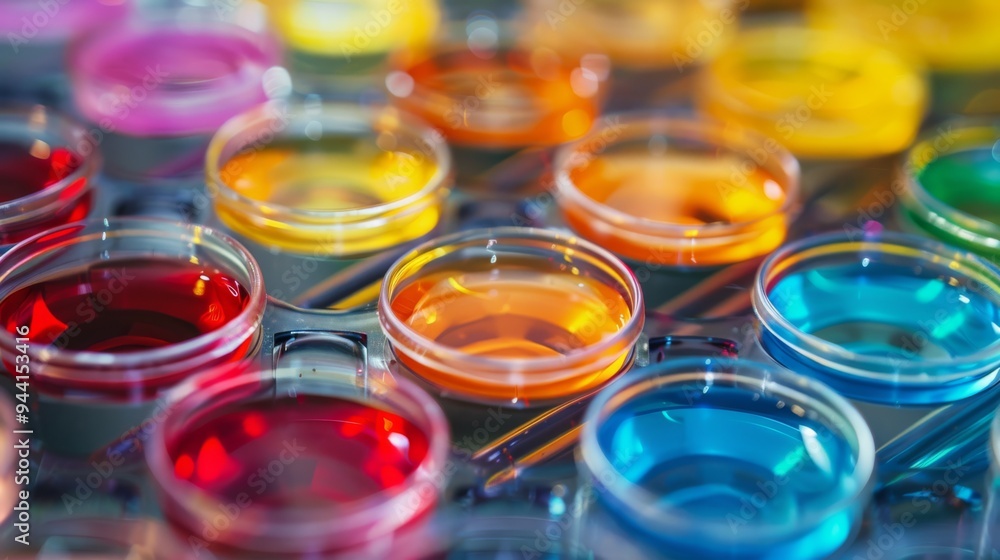Diverse stem cells with vibrant colors in a lab setting Diverse stem cells with vibrant colors in a lab setting