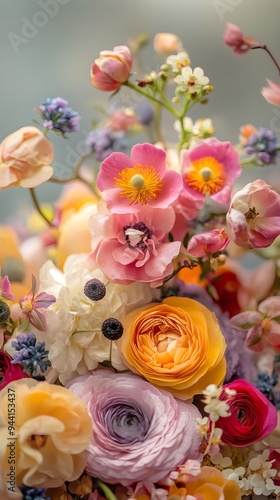 A close-up of a carefully crafted flower arrangement with a variety of colorful blooms, highlighting the intricate details and soft background for a serene effect