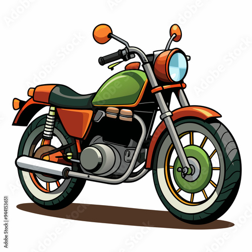 Cartoon illustration of a green and orange motorcycle