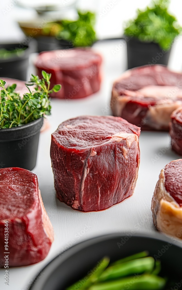 A variety of high-quality beef cuts arranged on a white table, including steaks and a round assortment with fresh herbs in small pots beside them A variety of high-quality beef cuts arranged on a white table, including steaks and a round assortment with fresh herbs in small pots beside them