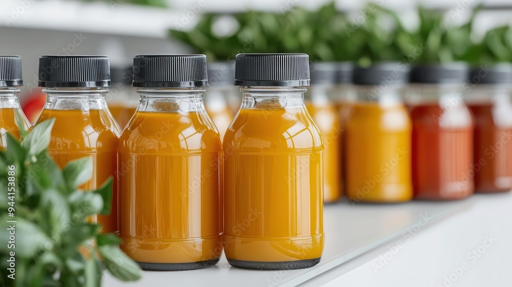 A row of fresh fruit juice bottles in various colors displayed on a shelf with green plants in the background, emphasizing organic and healthy choices. A row of fresh fruit juice bottles in various colors displayed on a shelf with green plants in the background, emphasizing organic and healthy choices.