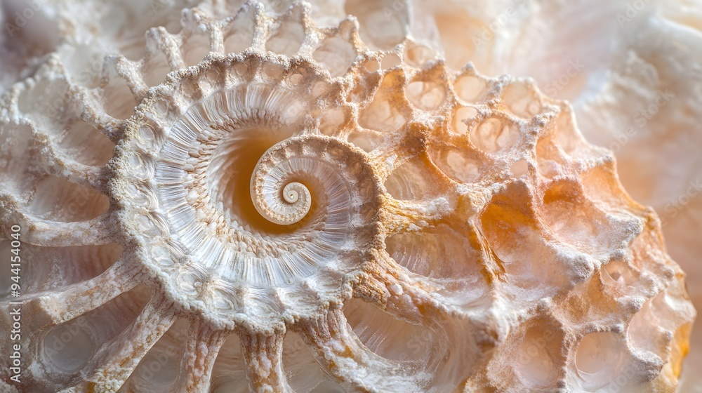 Close-up of a fossilized shell with textures and patterns highlighted against a soft pastel backdrop Close-up of a fossilized shell with textures and patterns highlighted against a soft pastel backdrop