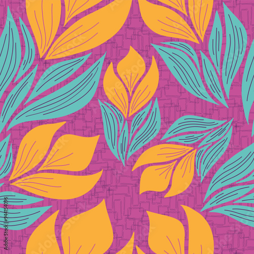 Stylized Orange Flowers with Teal Leaves on a Textured Pink Background creating a seamless pattern print background