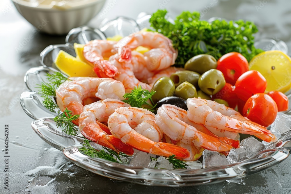 glass plate with shrimps, olives and vegetables on ice glass plate with shrimps, olives and vegetables on ice
