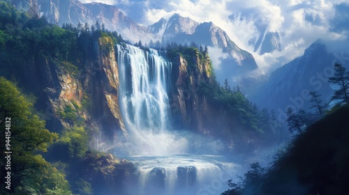 Majestic Waterfall in a Mountainous Landscape
