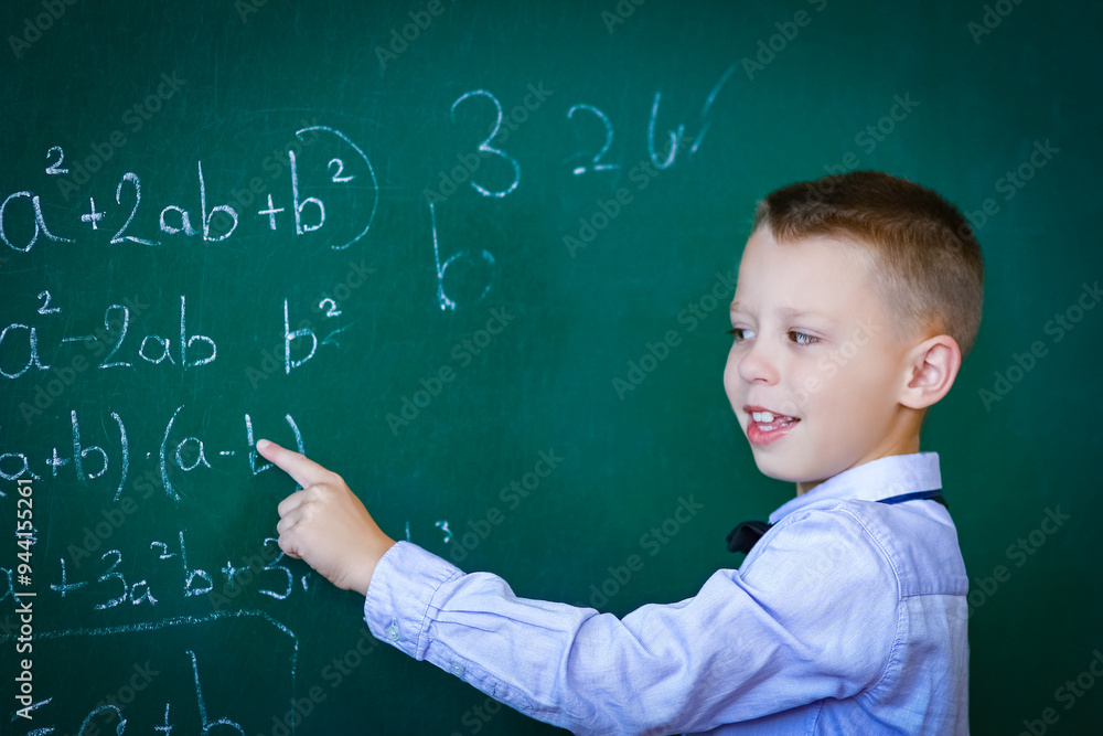 A Happy child child standing at the blackboard in the school class at the lesson A Happy child child standing at the blackboard in the school class at the lesson