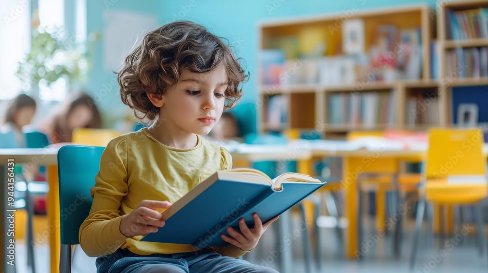 Portrait of the kid (boy) in a modern classroom, reading book. STEM education. Copy space, for commercial use , text place. Portrait of the kid (boy) in a modern classroom, reading book. STEM education. Copy space, for commercial use , text place.