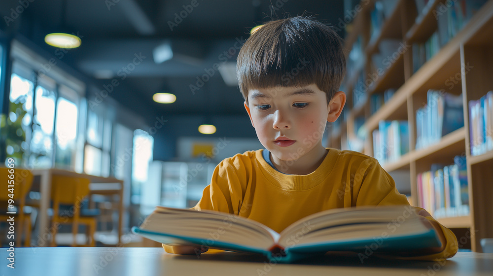 Portrait of the kid (boy) in a modern classroom, reading book. STEM education. Copy space, for commercial use , text place. An empty school classroom, alone Portrait of the kid (boy) in a modern classroom, reading book. STEM education. Copy space, for commercial use , text place. An empty school classroom, alone