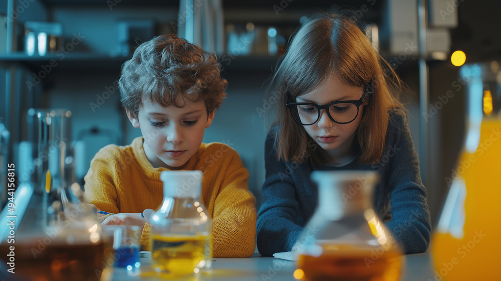 A photo of 2 children, a boy and a girl, in a modern classroom, engaged in educational activities in the subject of chemistry. Portrait. Space for text, place , empty , flasks A photo of 2 children, a boy and a girl, in a modern classroom, engaged in educational activities in the subject of chemistry. Portrait. Space for text, place , empty , flasks