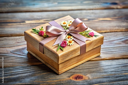 Heartfelt handmade wooden gift box adorned with a delicate flower pattern and tied with a soft ribbon, symbolizing love and care on a special day. photo