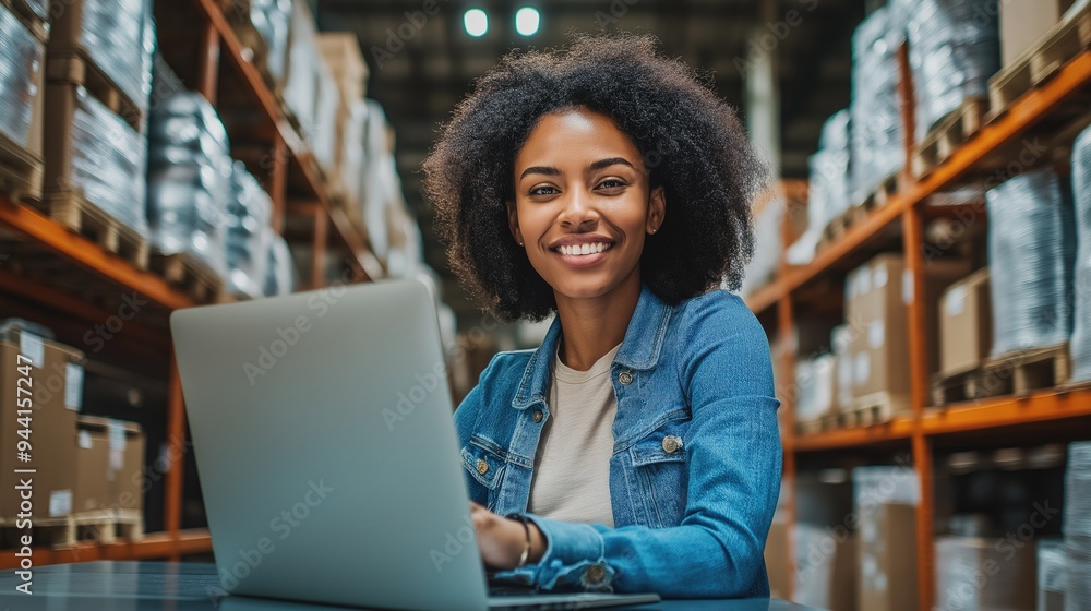 Happy hispanic female young woman warehouse worker of Middle Eastern decent sitting at desk with her laptop looking at camera and cardboard boxes on shelves on the logistic centre background Happy hispanic female young woman warehouse worker of Middle Eastern decent sitting at desk with her laptop looking at camera and cardboard boxes on shelves on the logistic centre background