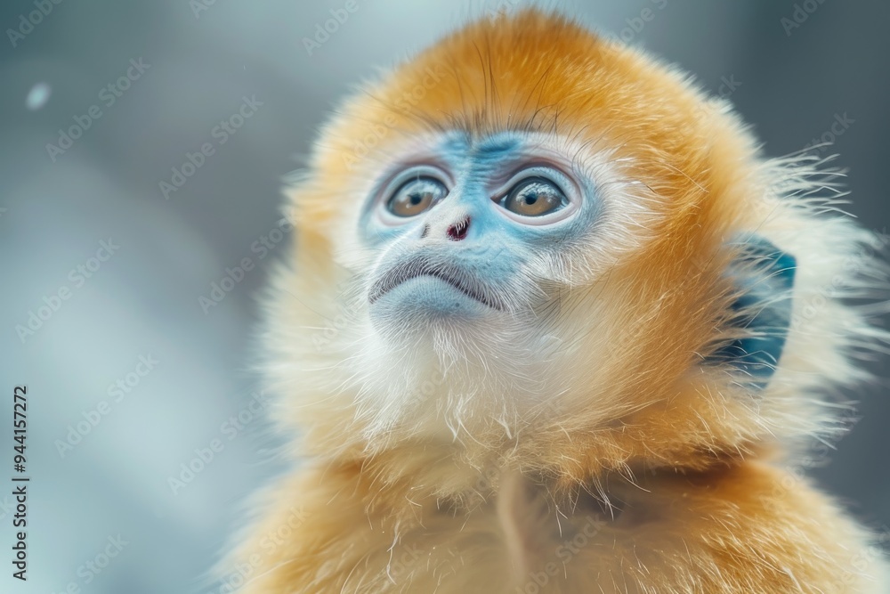 Obraz premium a young, cute Golden snub-nosed monkey looking up with wide, innocent eyes