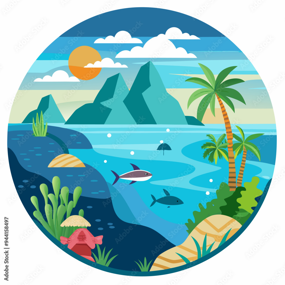 Obraz premium Tropical Ocean Scene with Mountains, Palm Trees, and Fish
