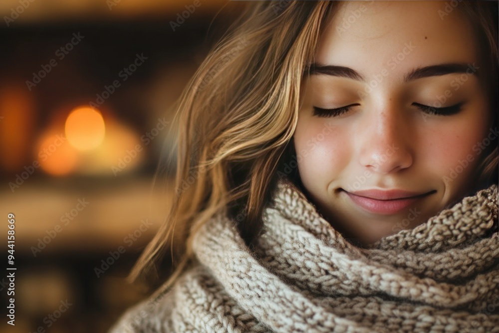 Close-up of a Woman's Face with Closed Eyes and a Knitted Scarf Close-up of a Woman's Face with Closed Eyes and a Knitted Scarf