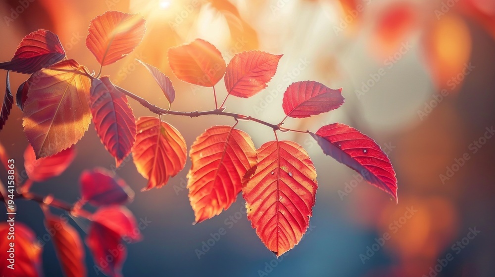 A branch with red leaves is in the sun A branch with red leaves is in the sun