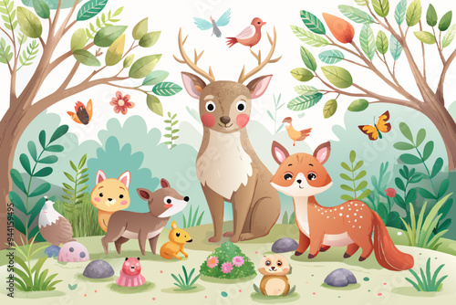 Woodland cartoon Animals watercolor illustration template. Pre made frame for baby shower, birthday invitation kids baby deer, fox in the forest. Cute bear, rabbit and birds
