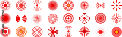 Pain red circle icons set. Set of pain red circle targeting spots indicating sore body part or trigger point