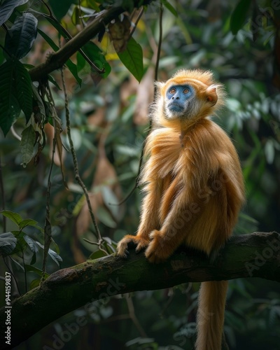 Golden snub-nosed monkey sitting on a tree branch in a dense forest photo