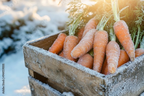 Frosted Carrots in a Wooden Crate in a Winter Landscape