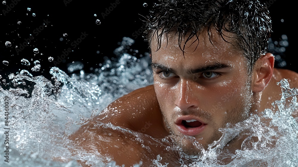 Fototapeta premium A young man emerges from the water his face etched with determination