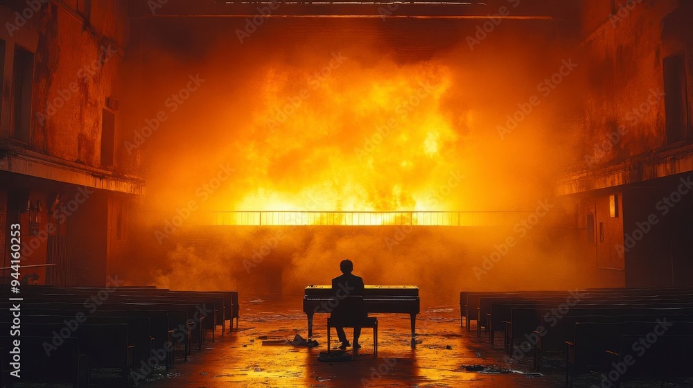 A lone figure plays a piano in front of a raging inferno A lone figure plays a piano in front of a raging inferno