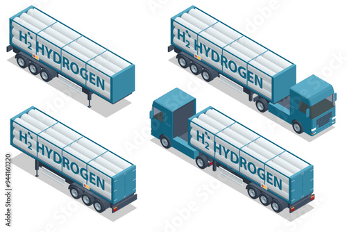 Isometric Hydrogen storage sphere and truck. Isometric Hydrogen fuel car charging station with two dispensers for H2 vehicles. Transportation of hydrogen fuel tank