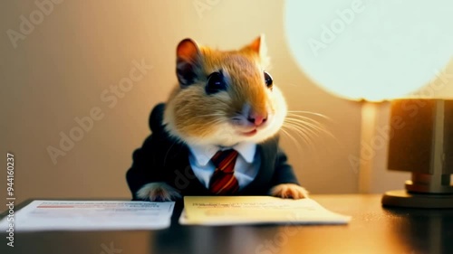 Hamster dressed in a suit sitting at a miniature desk under soft light