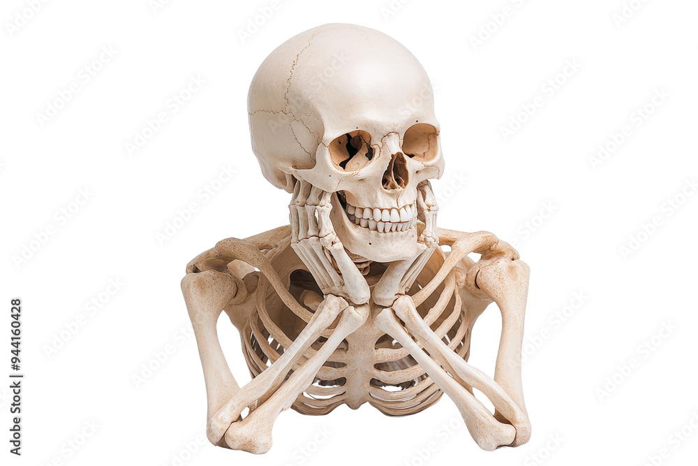 A detailed human skeleton model, showcasing its structure with a thoughtful expression, perfect for educational purposes. A detailed human skeleton model, showcasing its structure with a thoughtful expression, perfect for educational purposes.