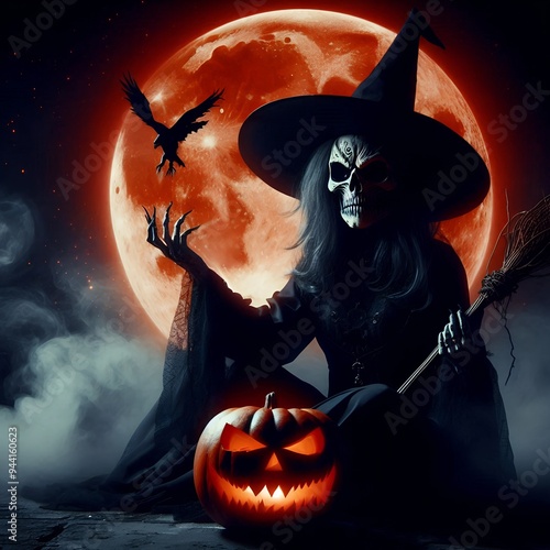 halloween witch with pumpkin Vengeful Witch in a Dark Halloween Costume Casting Spells Beneath a Blood-Orange Moon photo