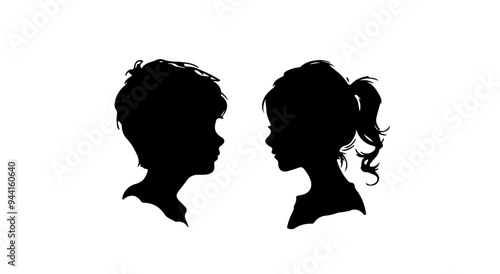Side profile silhouettes of boy and girl. Vector image, flat background