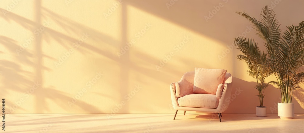 Fototapeta premium Minimalist interior featuring an armchair against a warm cream color wall background 3D rendering