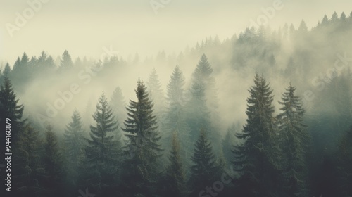 Misty fir forest landscape, vintage retro vibe, soft light, cool color palette, ample copy space