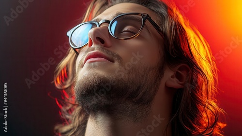 A young man with long hair and glasses looks up with his eyes closed photo