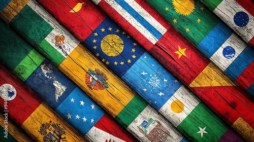 A bold background with the flags of various Latin American countries arranged in a dynamic pattern. 