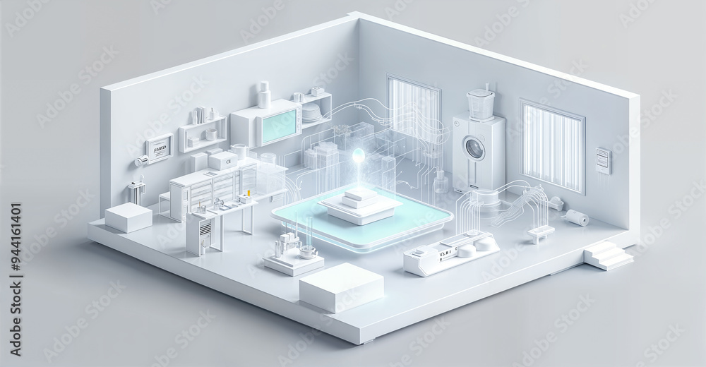 Smart Home & Connected Living. Isometric View of a Smart Home: Futuristic Interior with Connected Devices and Central Control Hub. Technology, Home Automation Concept. 3D illustration Smart Home & Connected Living. Isometric View of a Smart Home: Futuristic Interior with Connected Devices and Central Control Hub. Technology, Home Automation Concept. 3D illustration