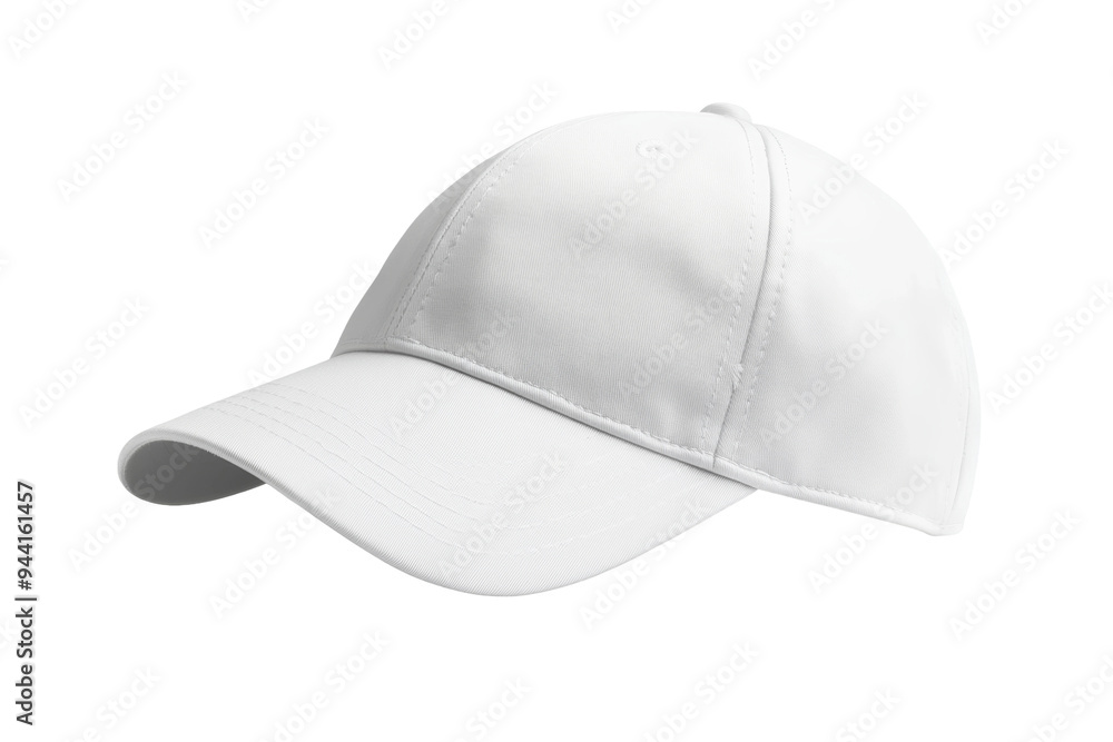 Fototapeta premium A clean, white baseball cap featuring a classic curved brim, perfect for sun protection during outdoor sports or casual outings. Transparent background PNG