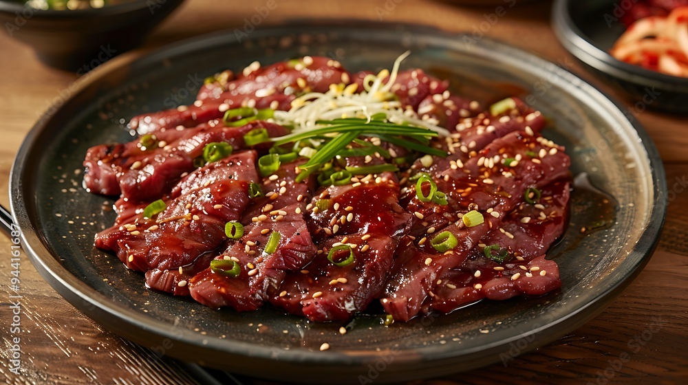 plated dish of bulgogi sliced beef marinated in sauce, garnished with sesame seeds and green onions plated dish of bulgogi sliced beef marinated in sauce, garnished with sesame seeds and green onions