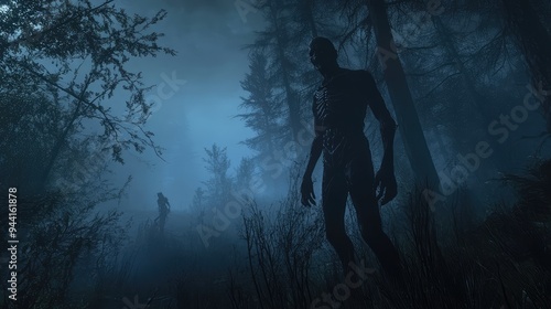 A zombie remains frozen in a dark, foggy forest at night, with an ominous silence hanging in the air.