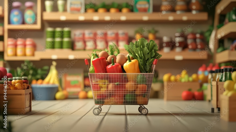 Sparse grocery shopping, budget constraints, 3D illustration Sparse grocery shopping, budget constraints, 3D illustration