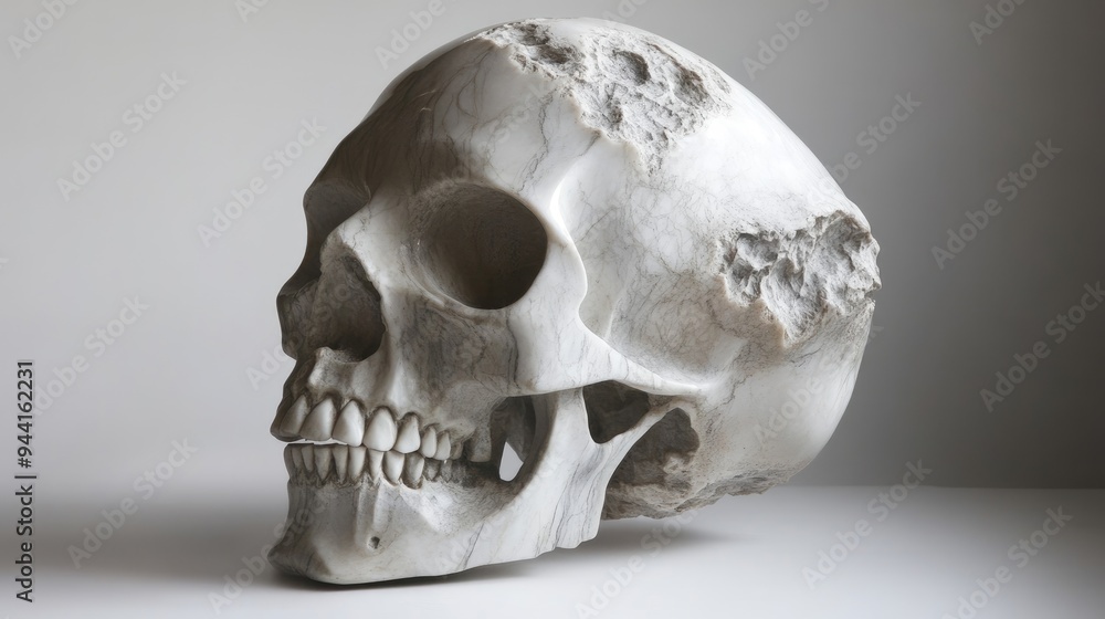 Close-up of a Weathered White Marble Skull Sculpture Close-up of a Weathered White Marble Skull Sculpture